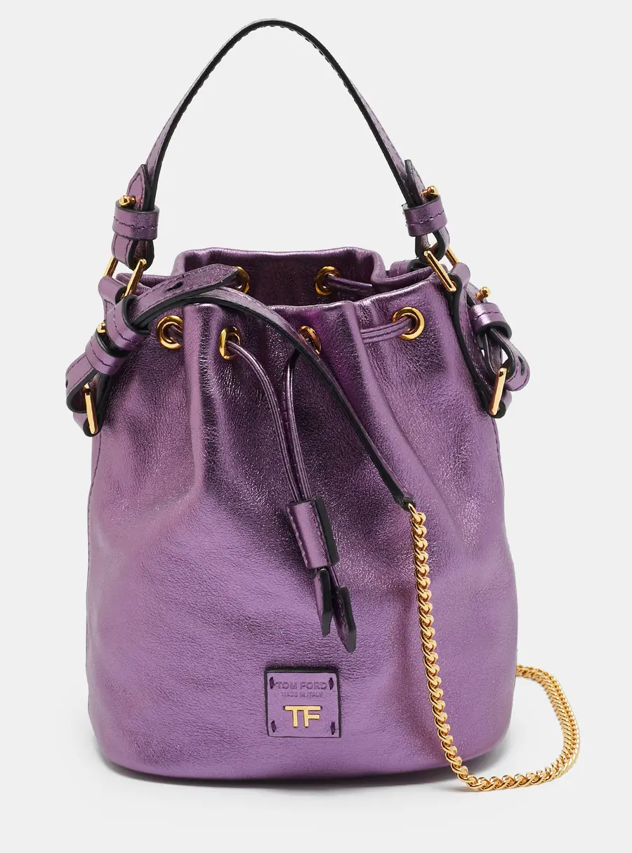 Tom Ford Drawstring Metallic Purple Leather Bucket Bag