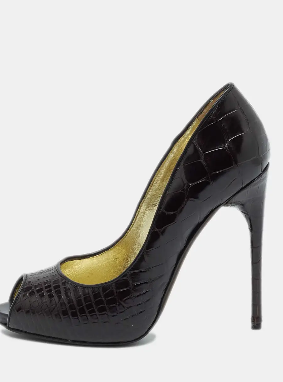 Tom Ford Brown Croc Embossed Leather Peep Toe Pumps Size 37