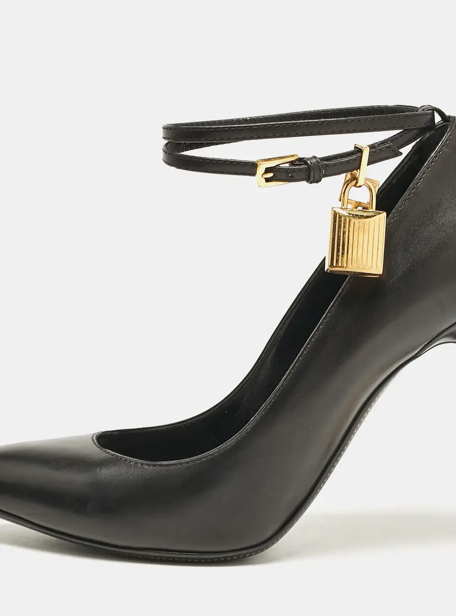 Tom Ford Black Leather Padlock Ankle Wrap Pumps Size 38