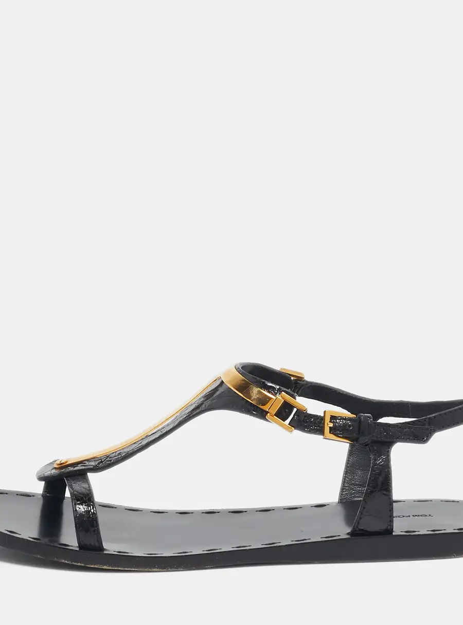Tom Ford Black Croc Embossed Leather T-Strap Flat Sandals Size 37