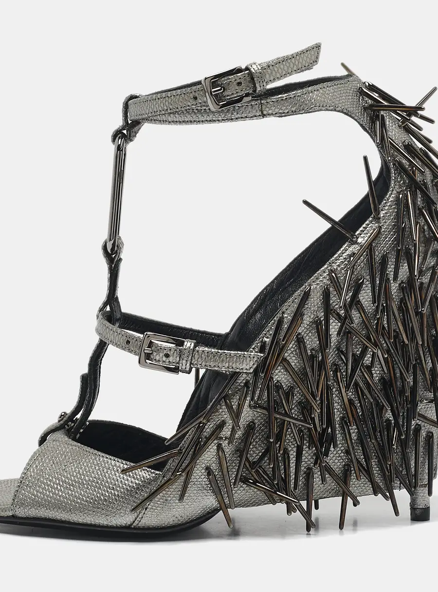 Tom Ford Metallic Grey Leather Embellished  Wedge Sandals Size 37