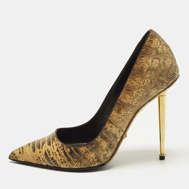 Tom Ford Size 37 Beige/Brown Lizard Leather Pointed Toe Pumps