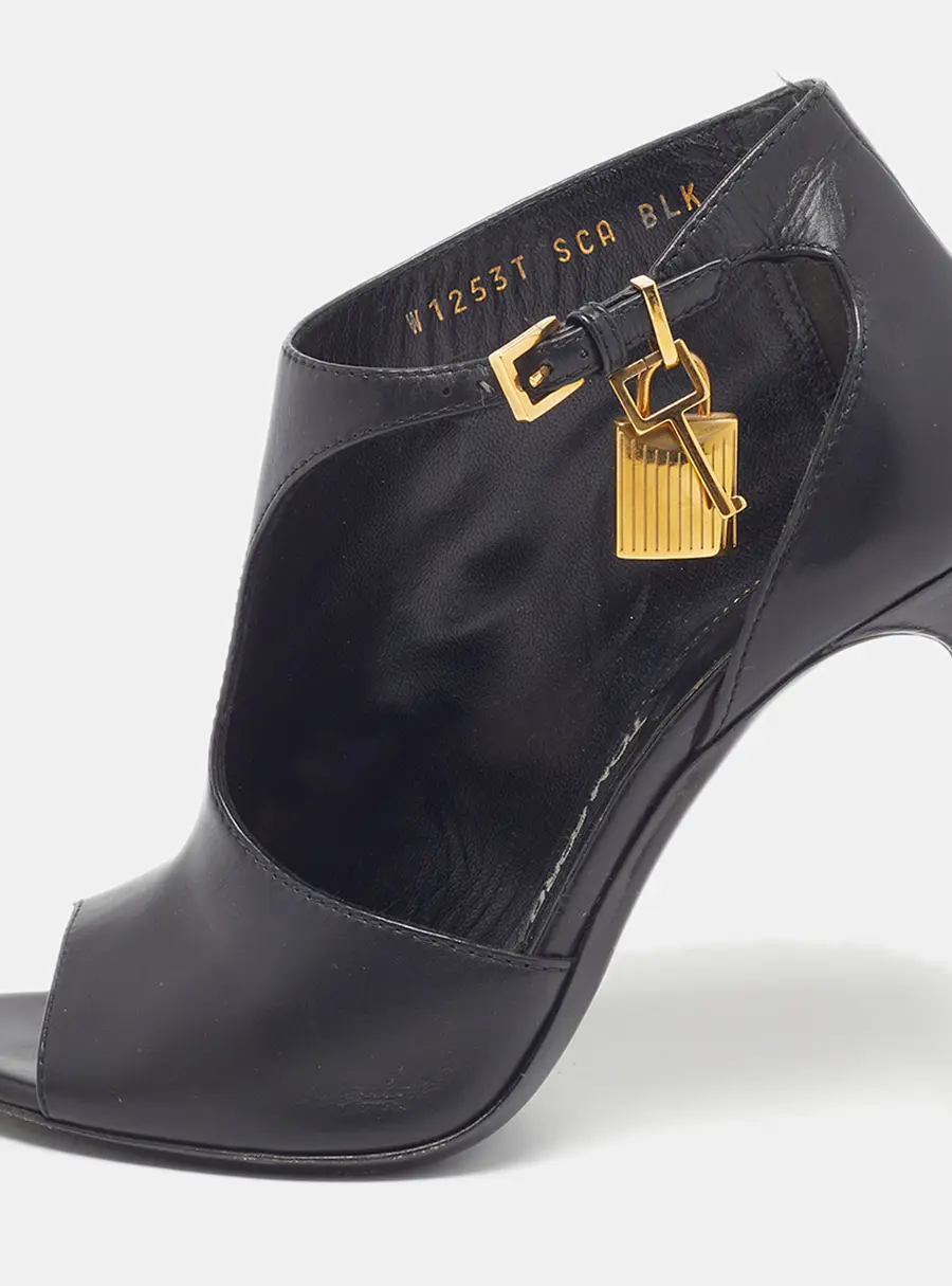 Tom Ford Padlock Size 37.5 Black Leather Peep Toe Booties