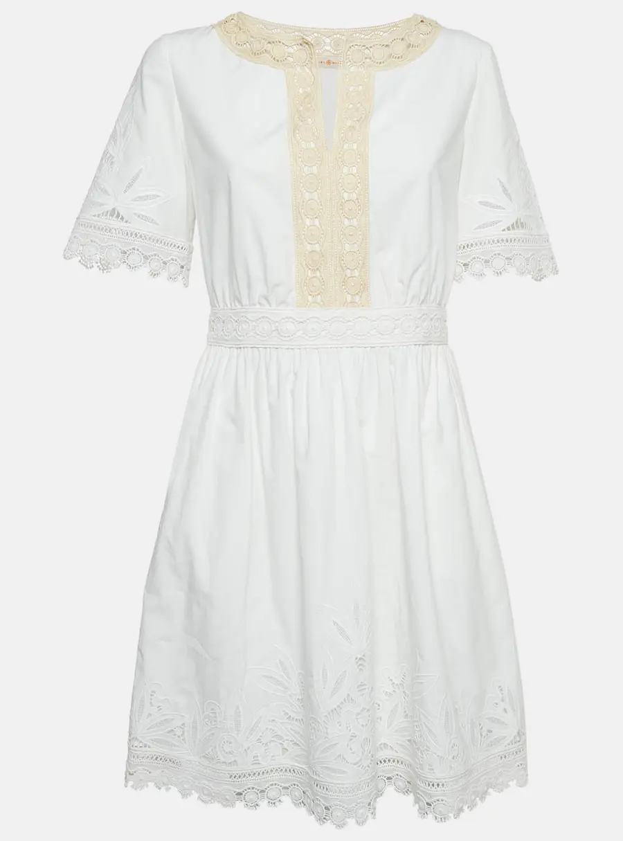 Tory Burch White Cotton Lace Trimmed Larissa Mini Dress S