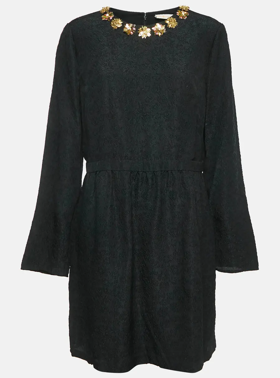 Tory Burch Black Floral Embossed Silk Blend Embellished Short Dress XL