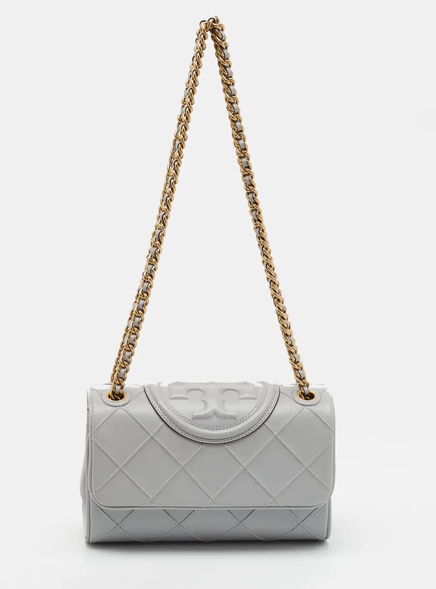 Tory Burch Fleming Soft Convertible Small Bay Grey Quilted Leather Shoulder Bag