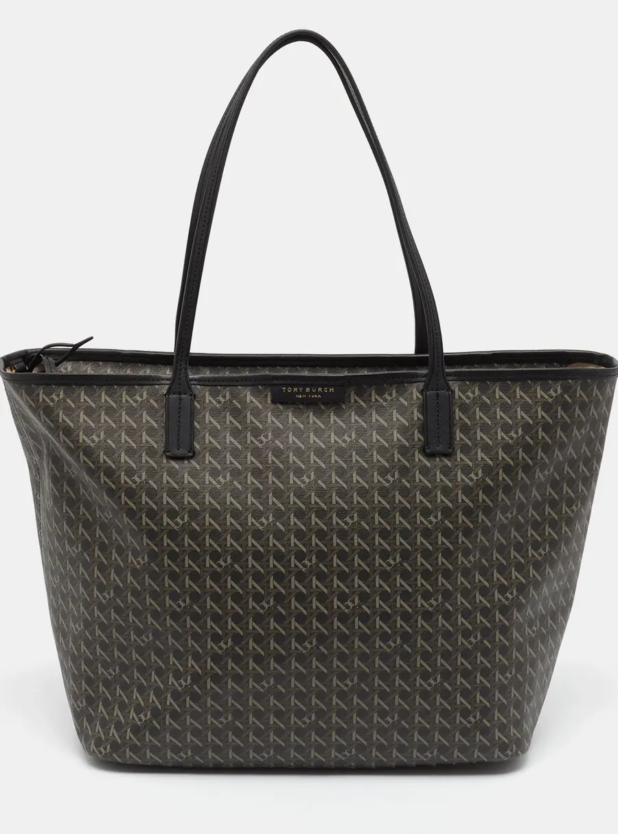 Tory Burch Ever-Ready Mediterranean Black/Green Coated Canvas and Faux Leather Shopper Tote