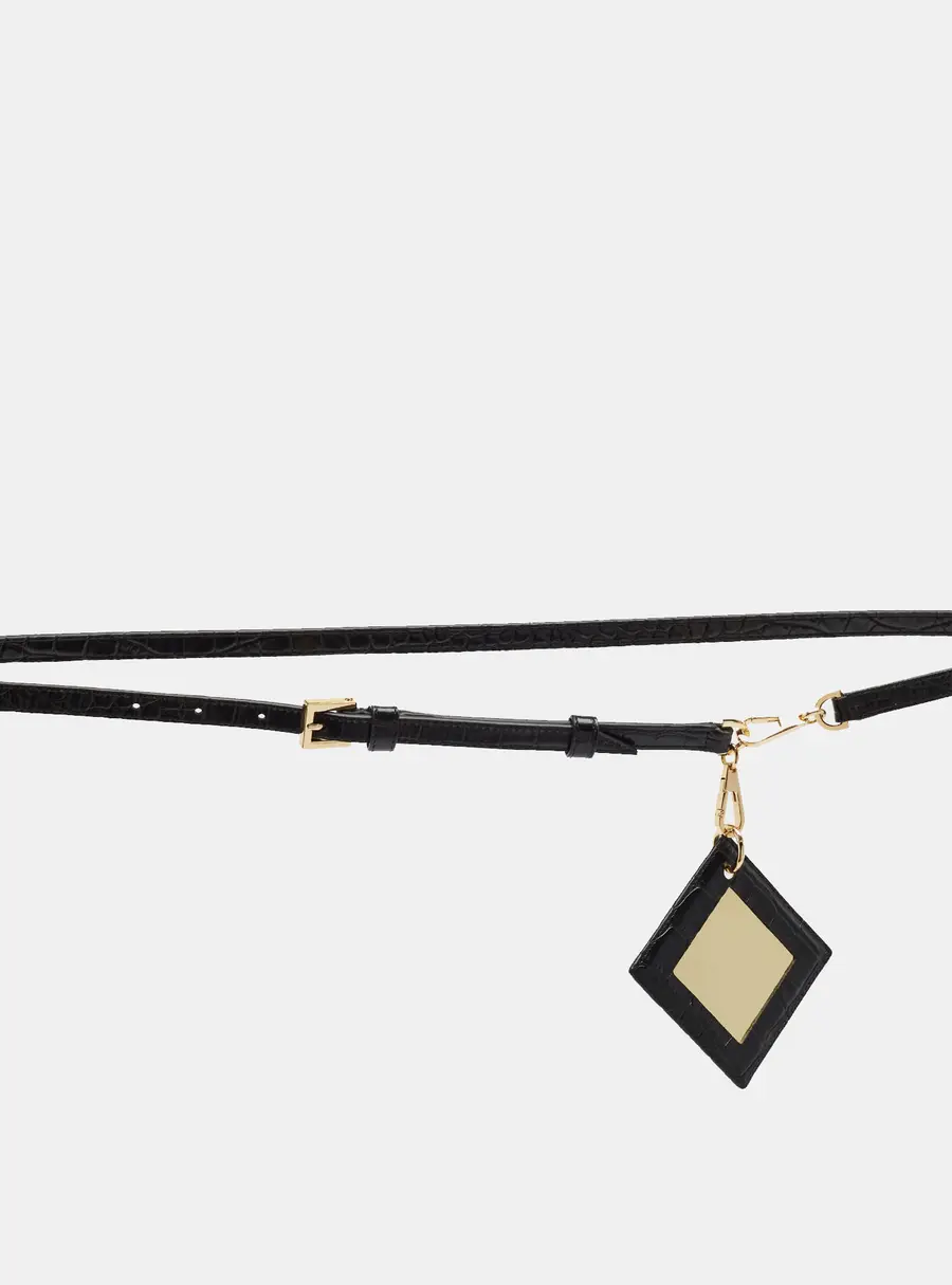 Tory Burch Mirror Fob L/XL Belt Dark Green Crocodile Embossed Leather
