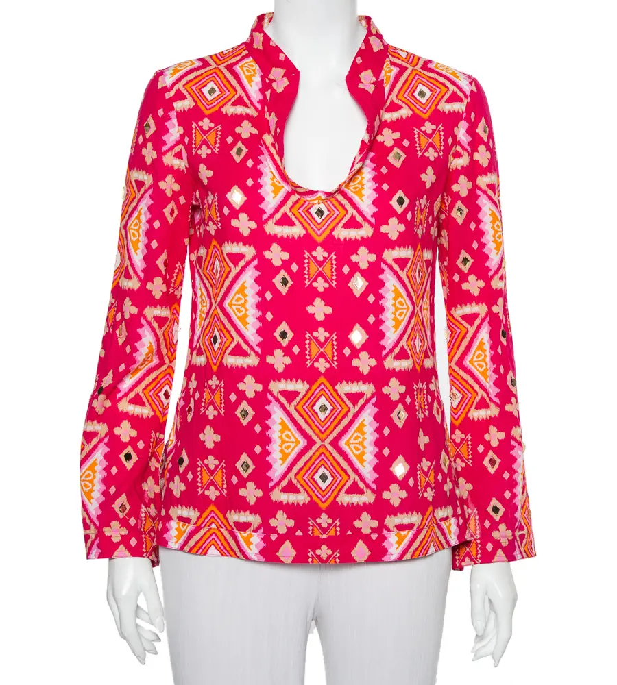 Tory Burch Pink Batik Printed Cotton Embellished Oversized Top S