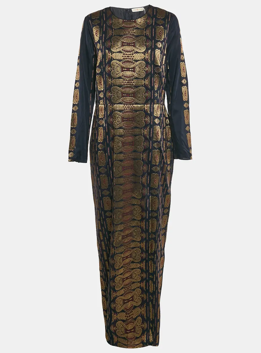 Tory Burch Navy Blue Lurex Jacquard Long Sleeve Maxi Dress L