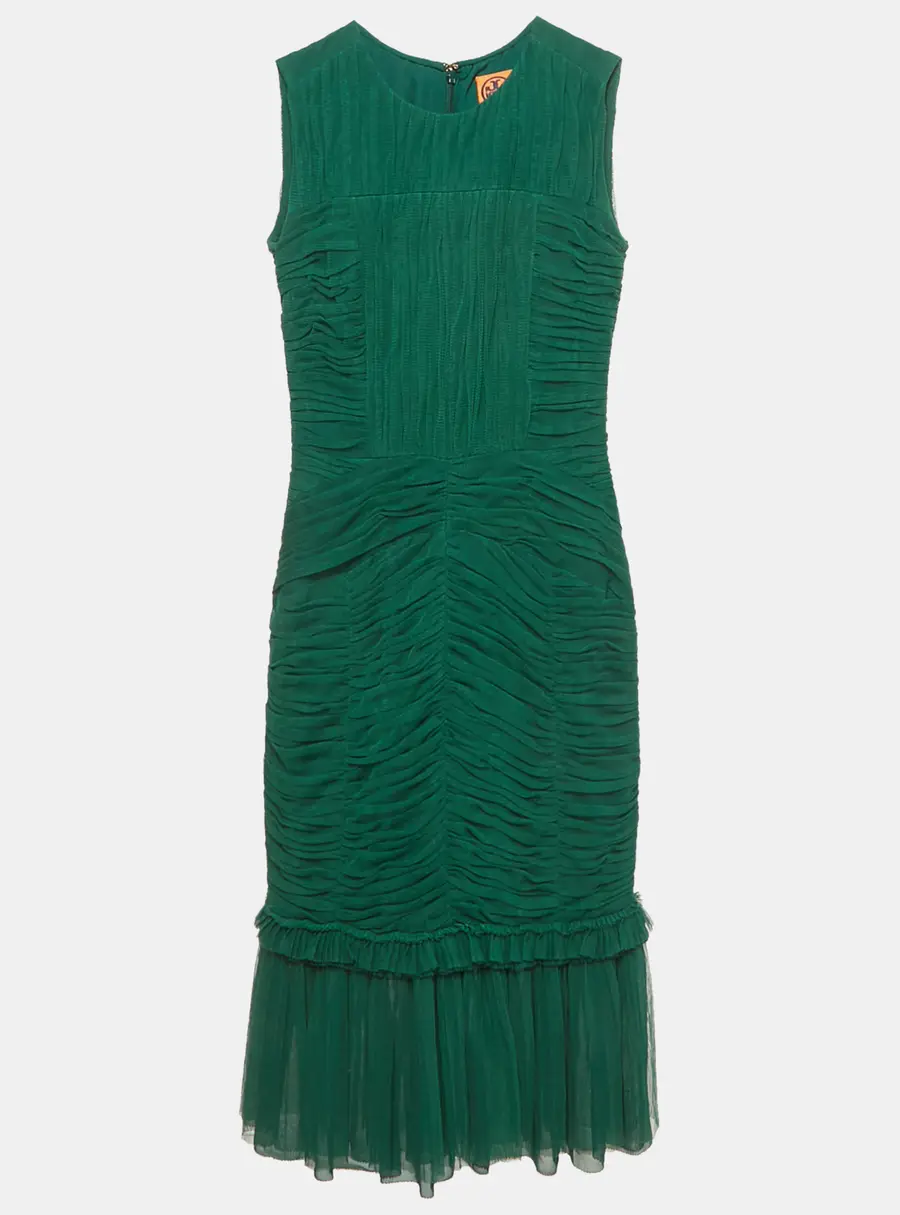 Tory Burch Emerald Green Mesh Rushed Ethel Midi Dress XS