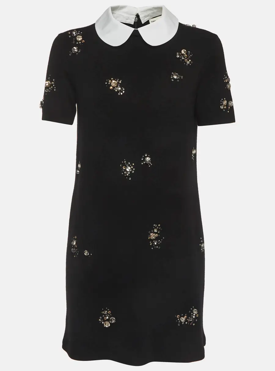 Tory Burch Black Wool Blend Embellished Poplin Collar Dress S
