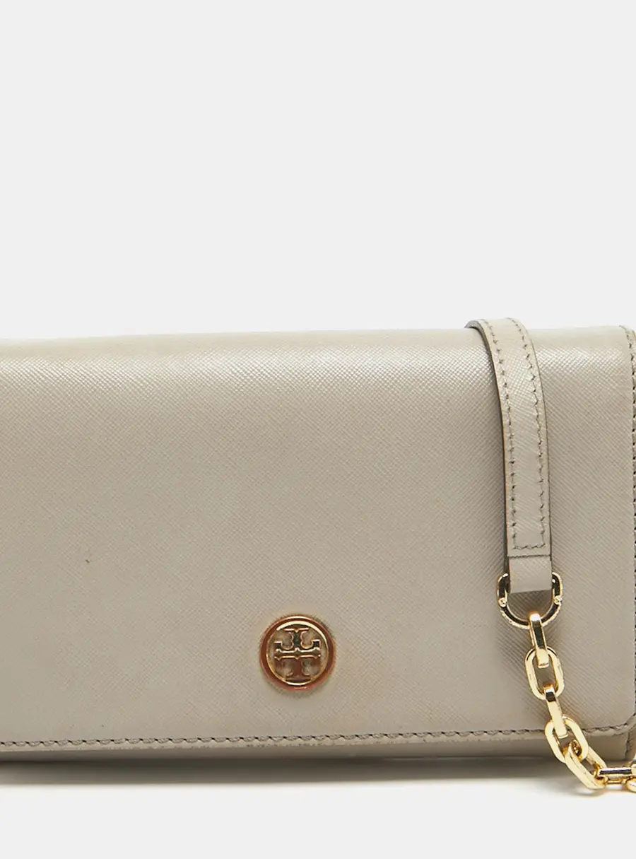 Tory Burch Light Grey Leather Robinson Wallet On Chain