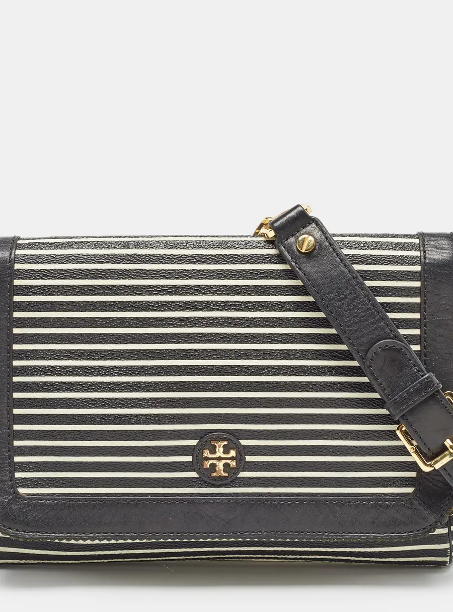 Tory Burch Black/White Stripe Leather Kerrington Crossbody Bag