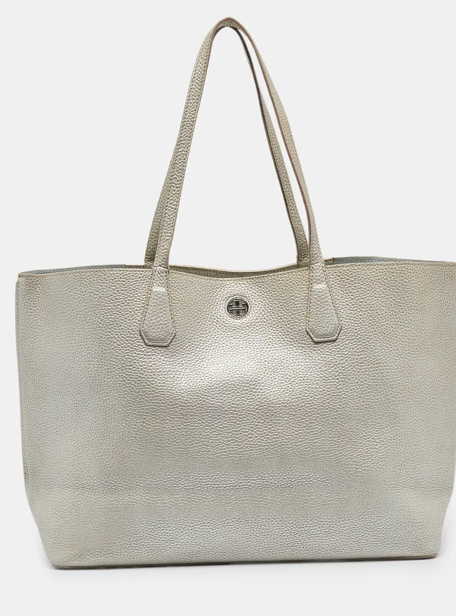 Tory Burch Metallic Grey Leather Perry Tote