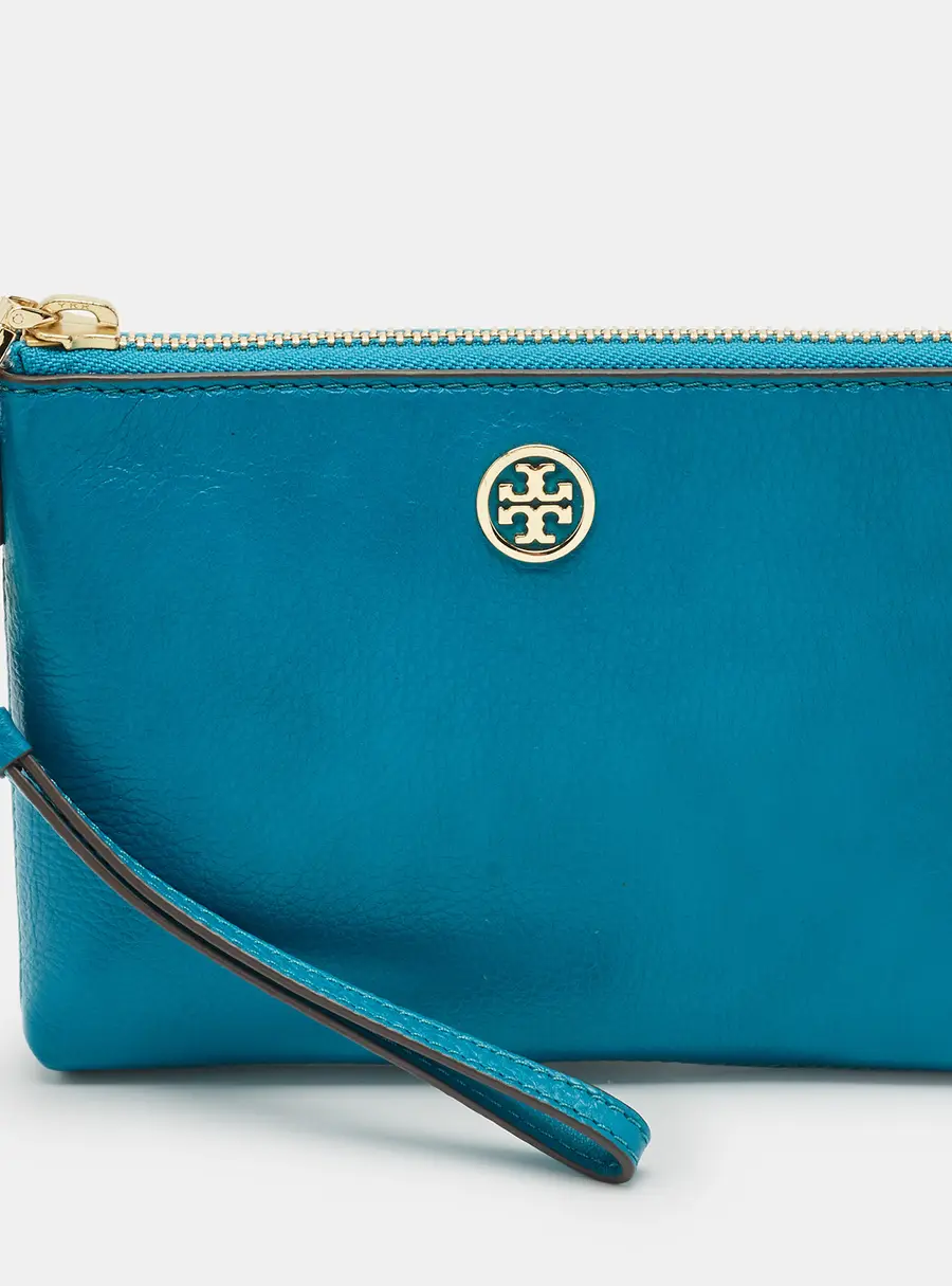 Tory Burch Teal Green Leather Zip Wristlet Clutch