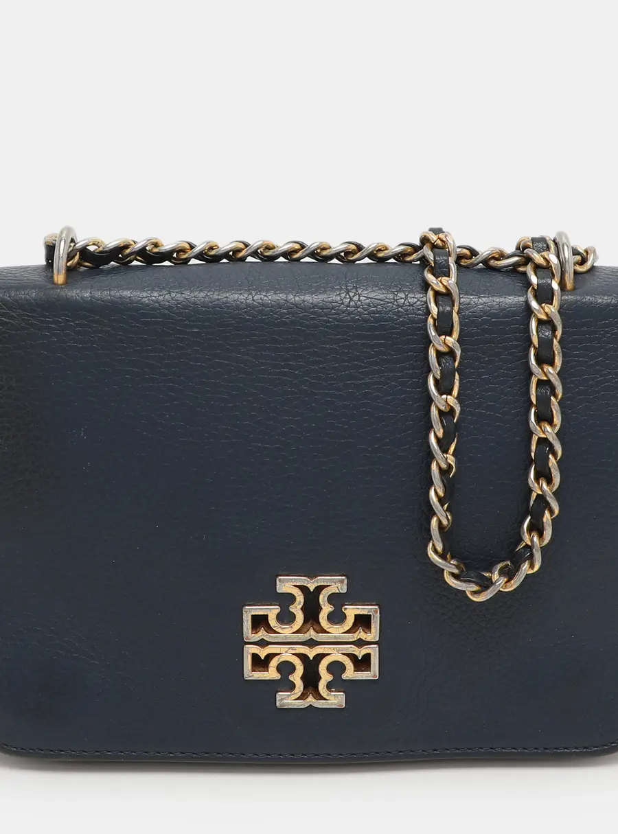 Tory Burch Blue Leather Logo Flap Shoulder Bag