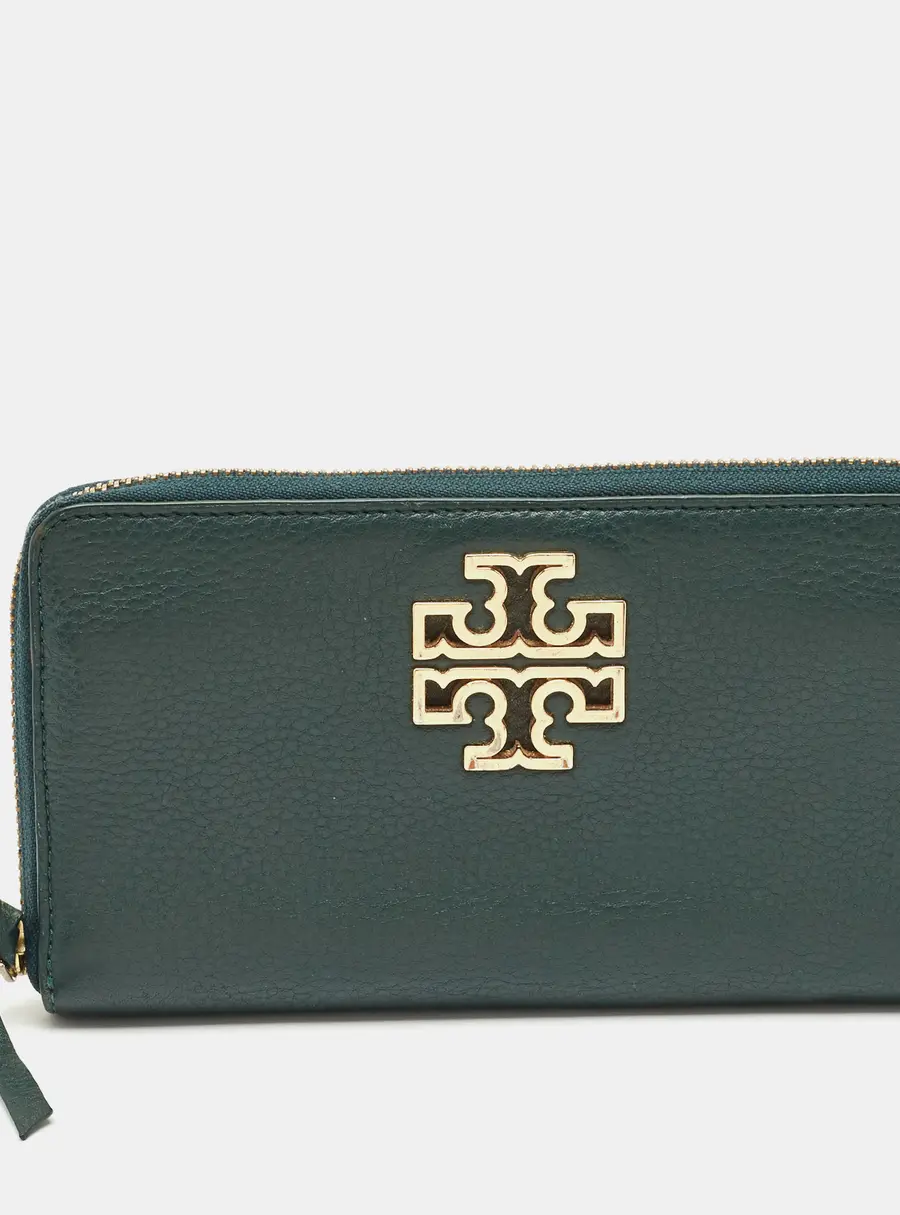Tory Burch Dark Green Leather Britten Zip Around Wallet
