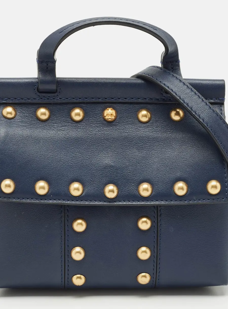 Tory Burch Navy Blue Leather Mini Block-T Studded Top Handle Bag