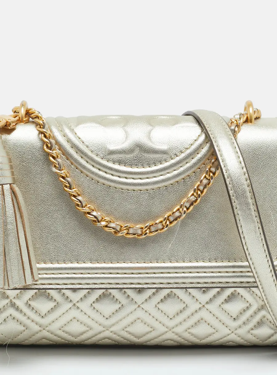Tory Burch Fleming Small Gold Laminated Leather Shoulder Bags