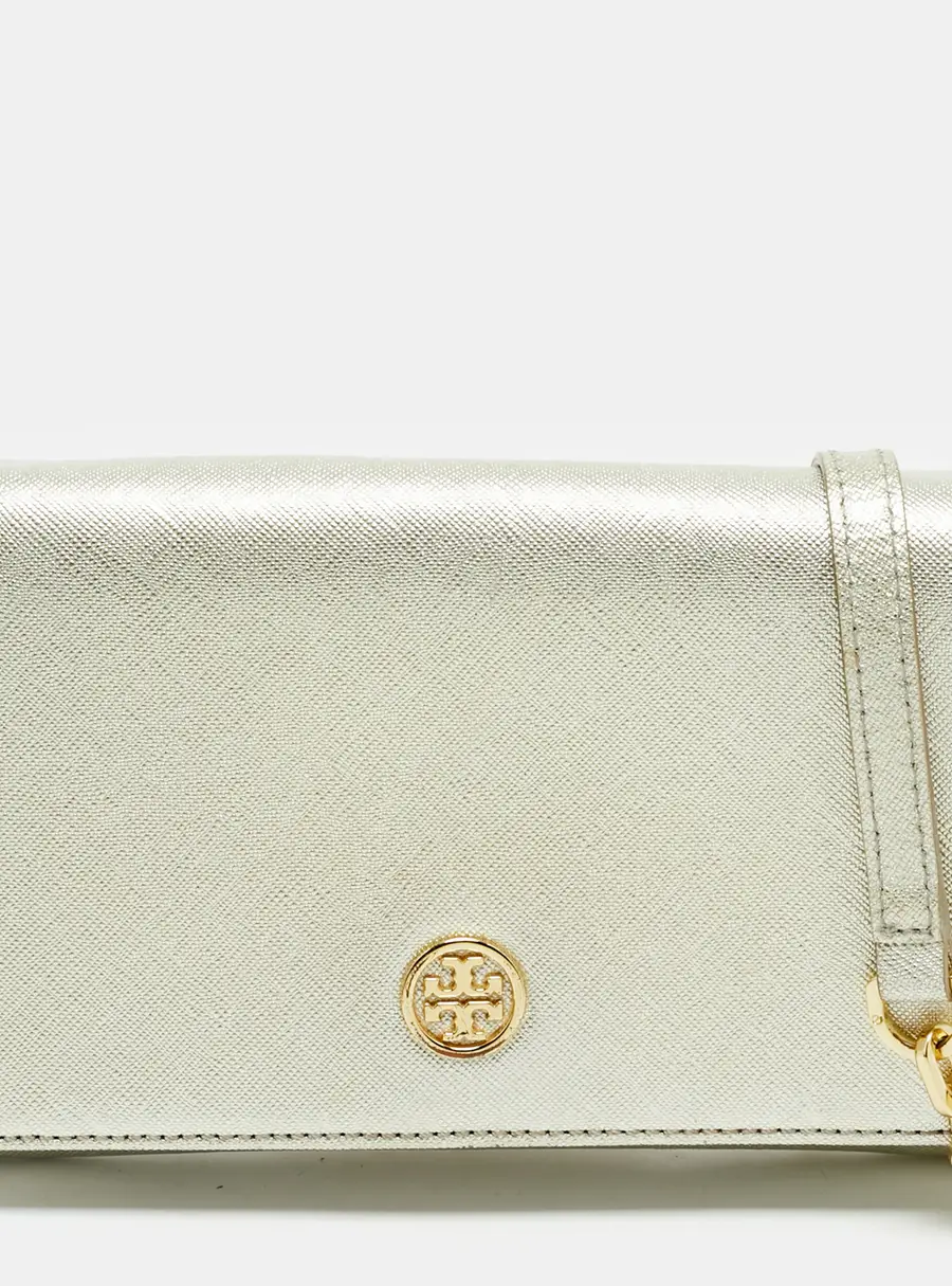 Tory Burch Robinson Silver Leather Wallet On Chain