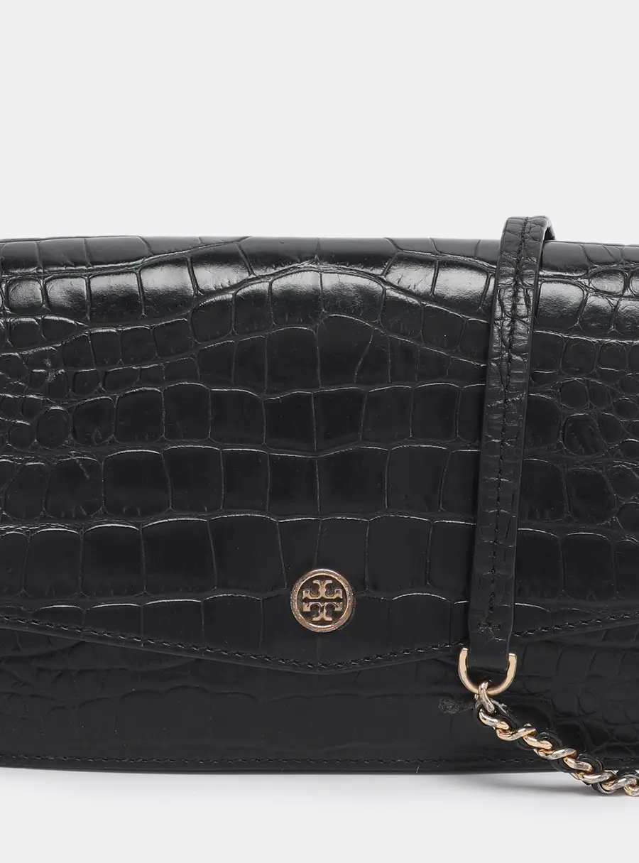 Tory Burch emerson Black Croc Embossed Leather Crossbody Bag