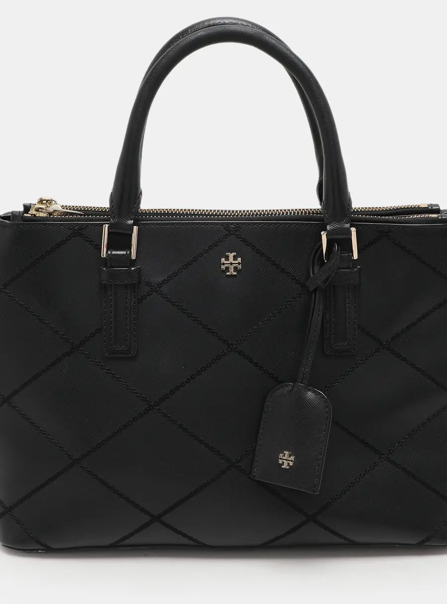 Tory Burch Black Wild Stitch Leather Robinson Double Zip Tote