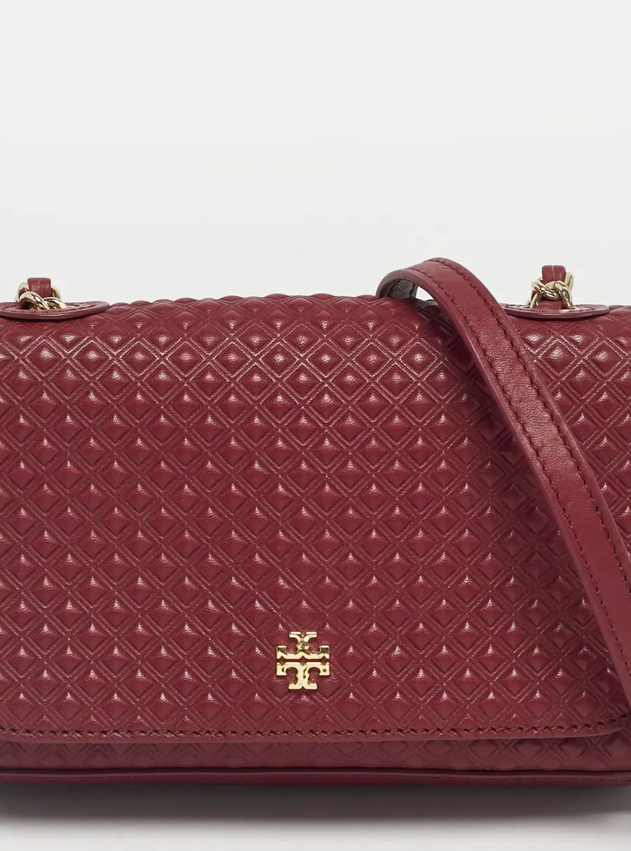 Tory Burch Burgundy Embossed Leather Marion Shoulder Bag