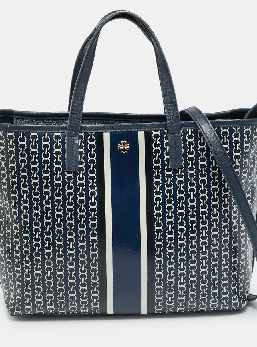Tory Burch Gemini Link Blue Coated Canvas and Leather Top Zip Tote