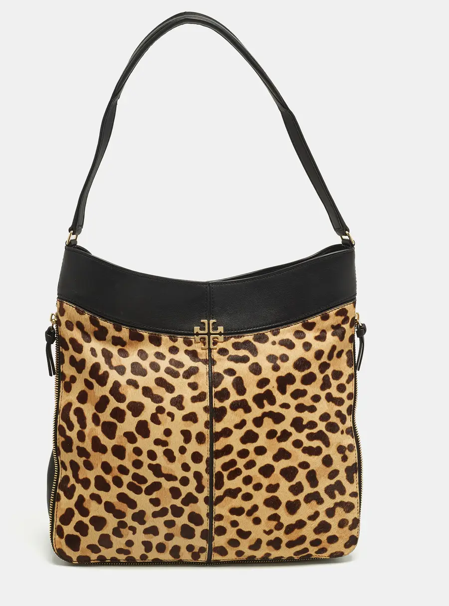 Tory Burch Brown/Black Leopard Print Calfhair and Leather Zip Around Shoulder Bag