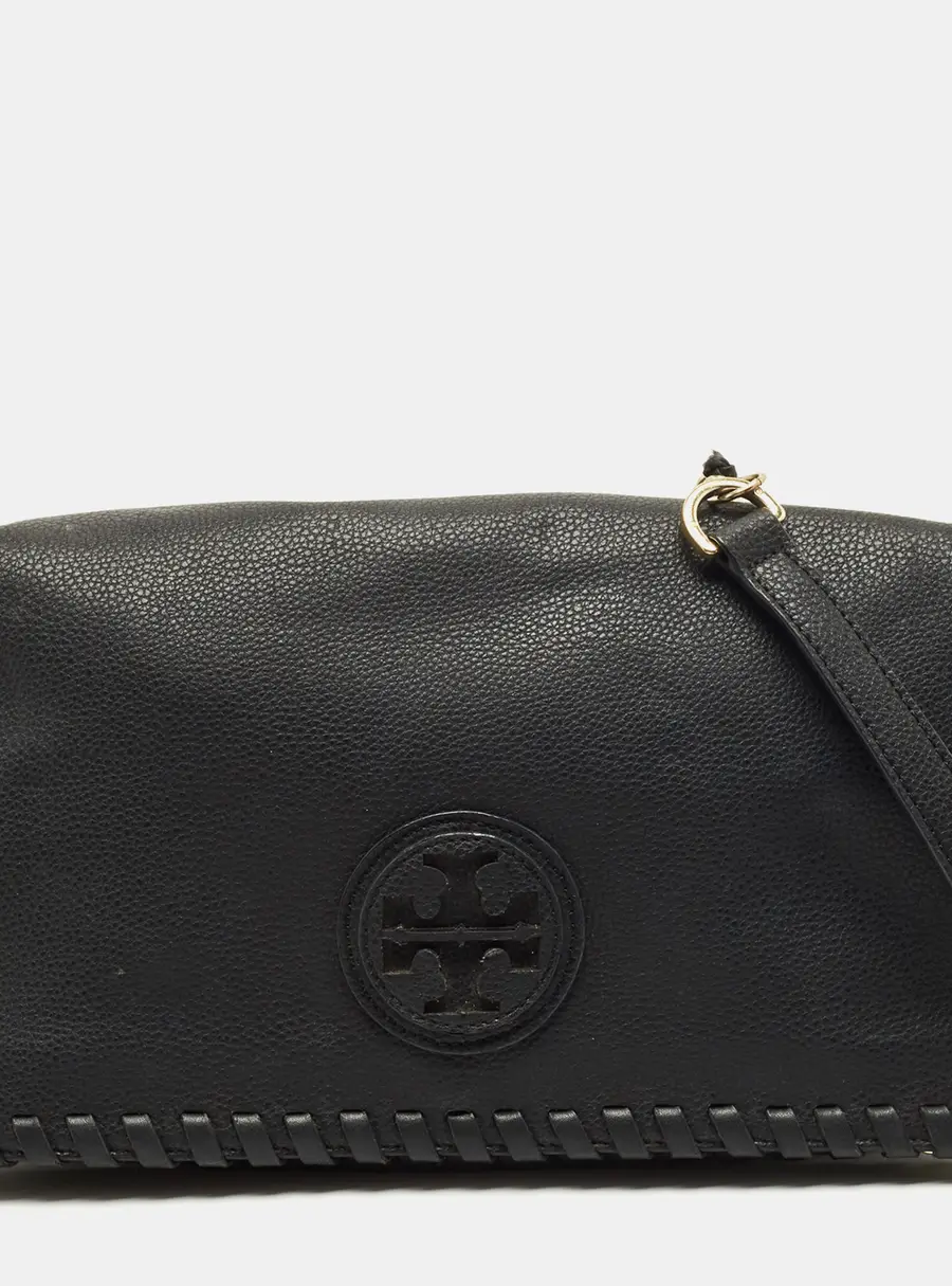 Tory Burch Whipstitch Fold Over Black Leather Crossbody Bag
