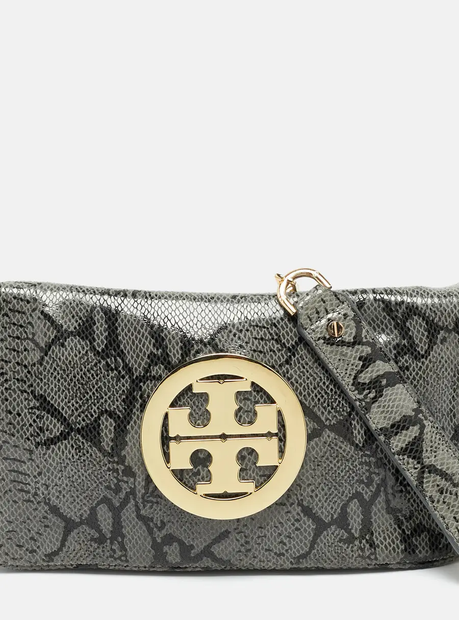 Tory Burch Reva Flap Grey Python Print Suede Shoulder Bag