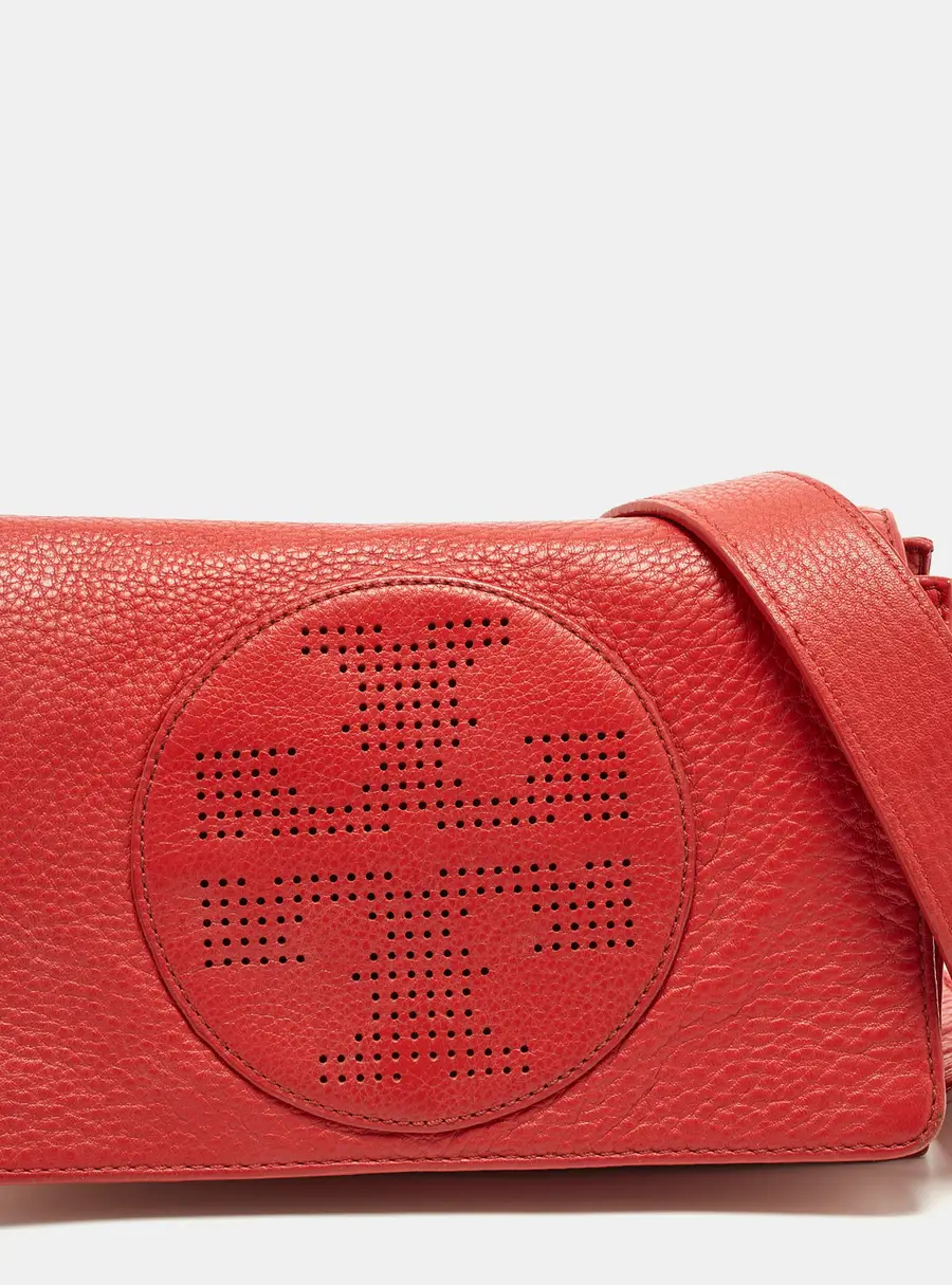 Tory Burch Perforated Logo Flap Red Leather Crossbody Bag