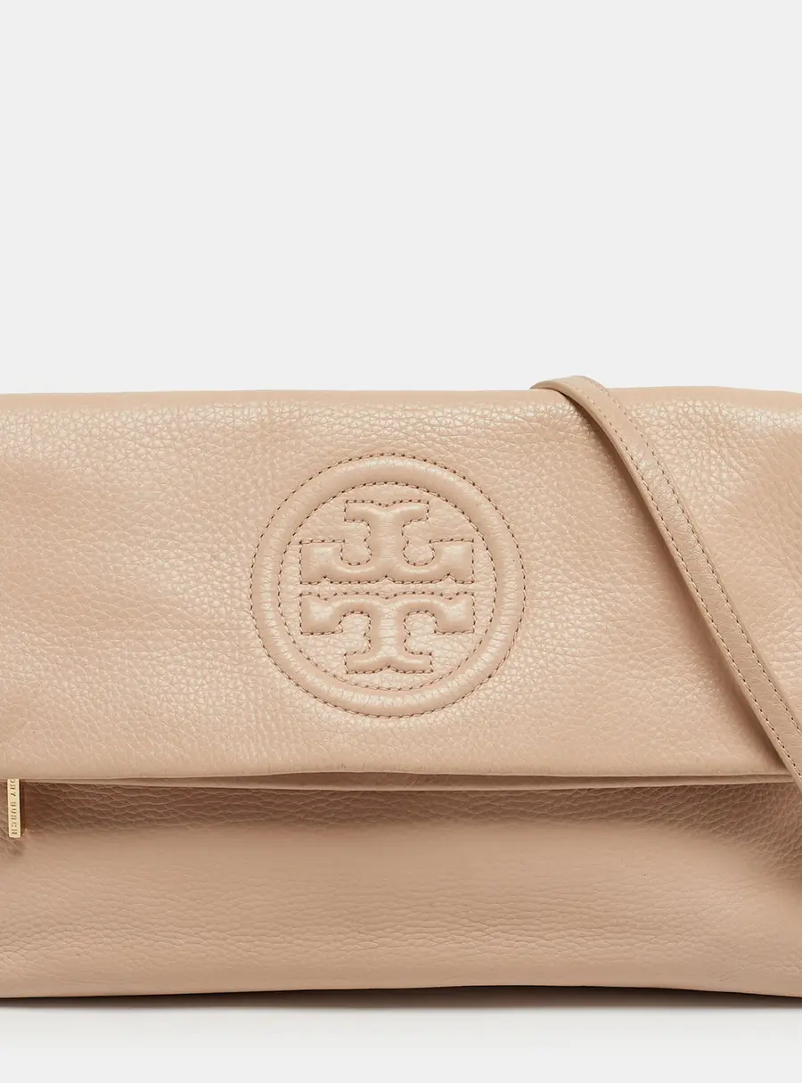 Tory Burch Thea Fold Over Beige Leather Crossbody Bag