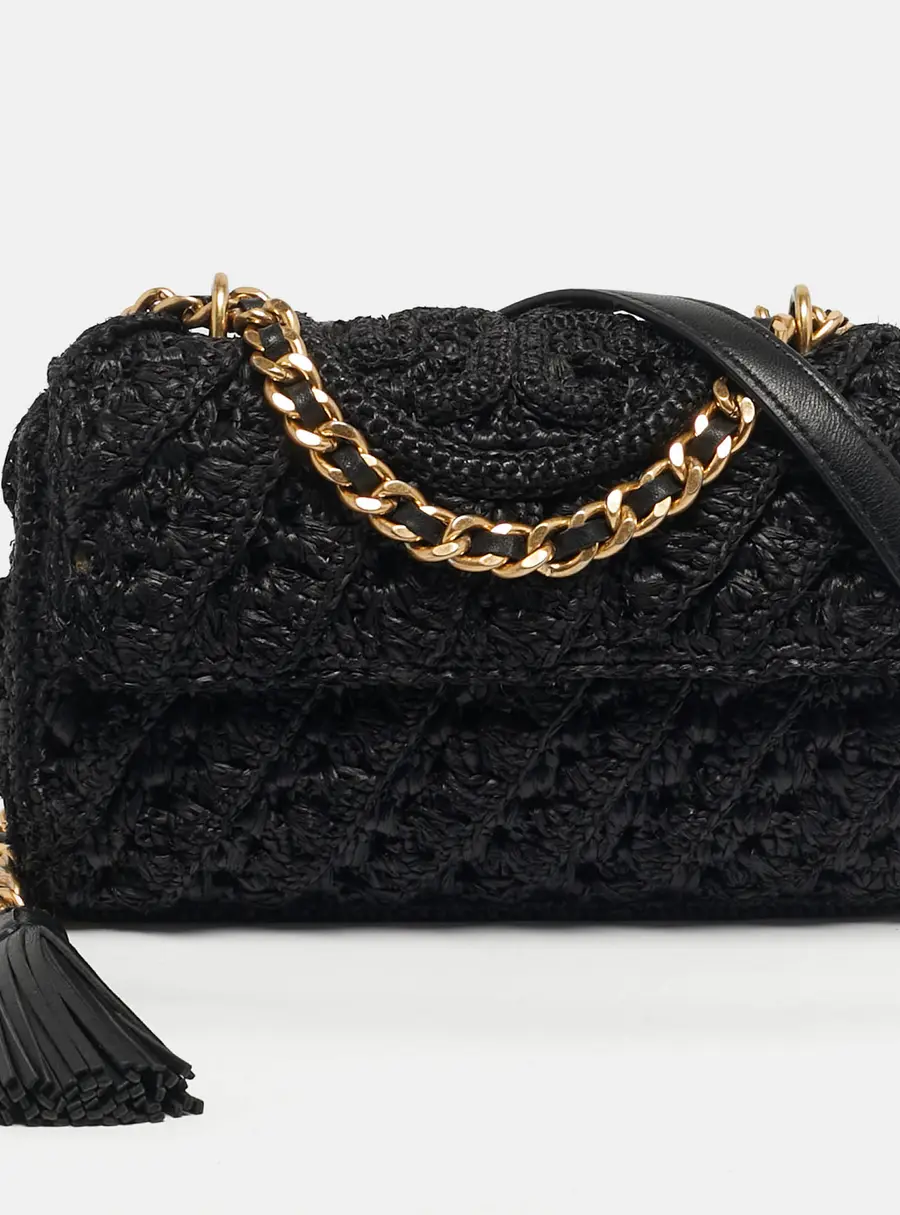 Tory Burch Fleming Crochet Small Black Straw Shoulder Bag
