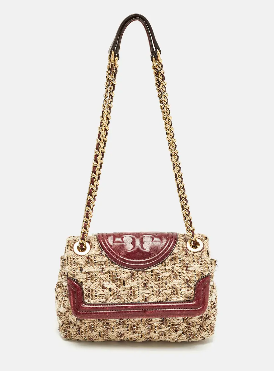Tory Burch Fleming Flap Small Burgundy/Beige Quilted Leather and Tweed Shoulder Bag