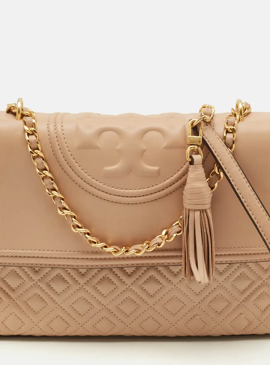 Tory Burch Fleming Medium Beige Leather Shoulder Bag
