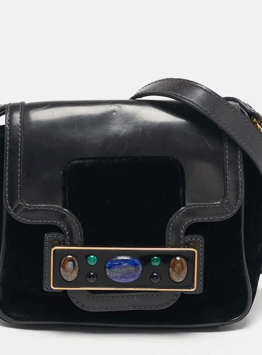 Tory Burch Crystal Embellished Black Leather and Velvet Flap Crossbody Bag