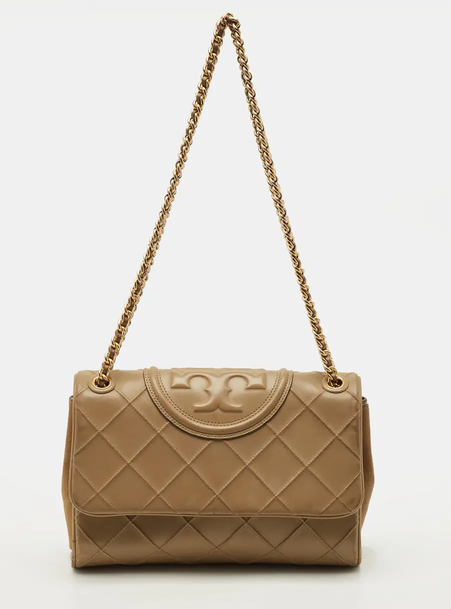 Tory Burch Fleming Beige Quilted Leather Shoulder Bag