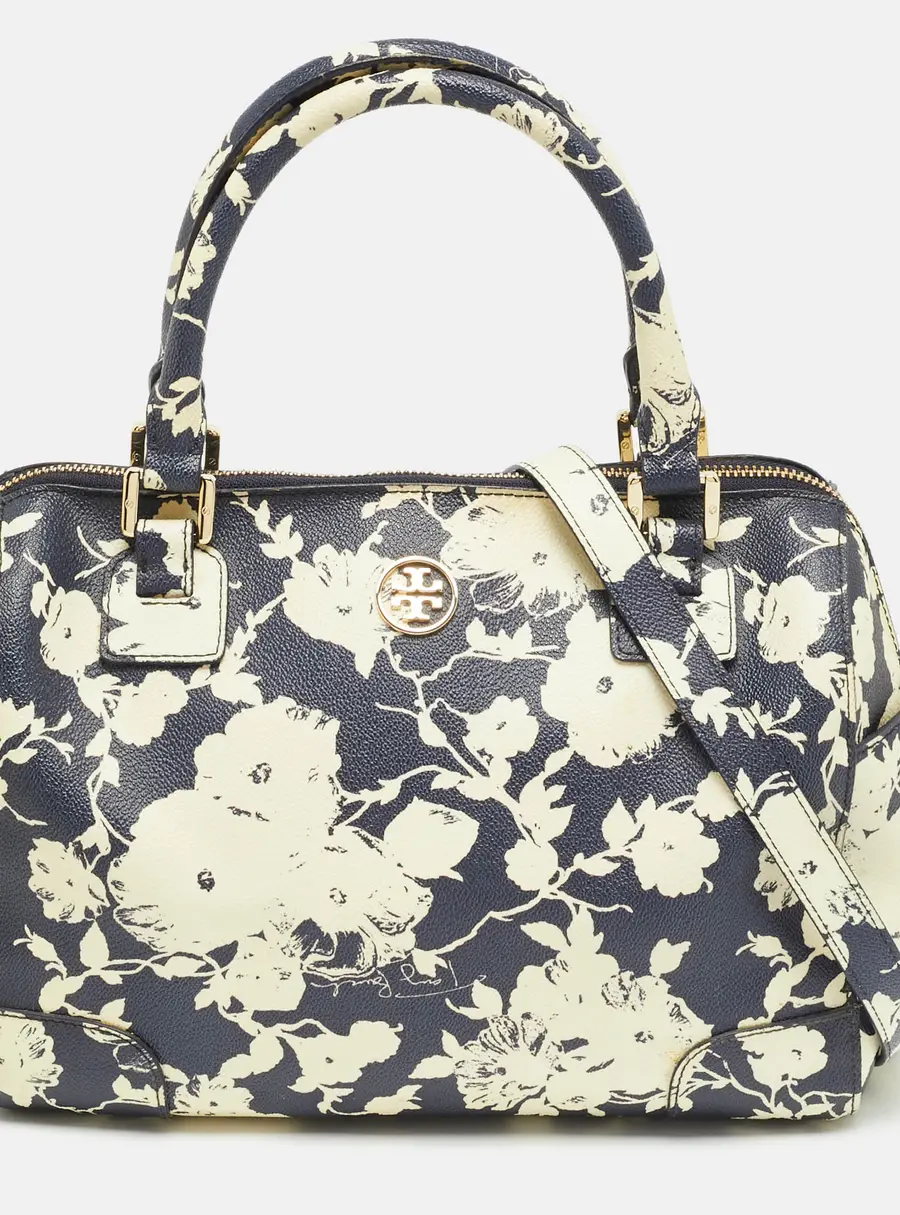Tory Burch Robinson Navy Blue/Cream Floral Print Coated Canvas Satchel