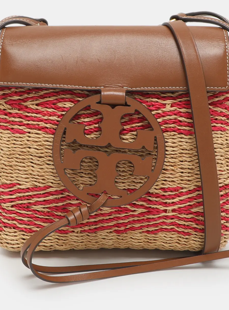Tory Burch Miller Beige/Pink Leather and Straw Flap Crossbody Bag