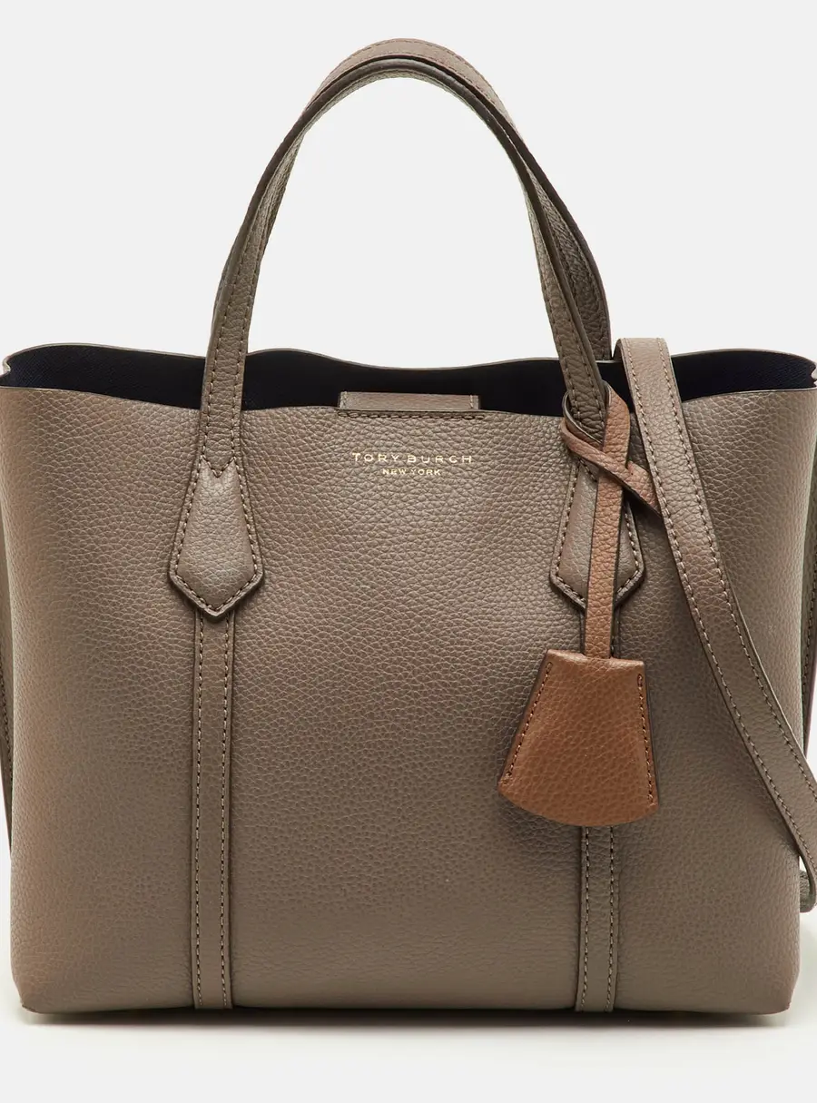 Tory Burch Perry Triple-Compartment Small Taupe Leather Tote