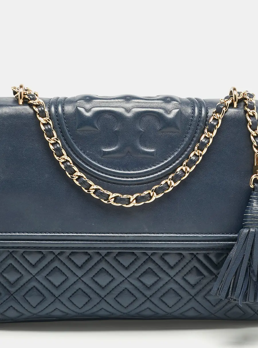 Tory Burch Navy Blue Quilted Leather Fleming Shoulder Bag