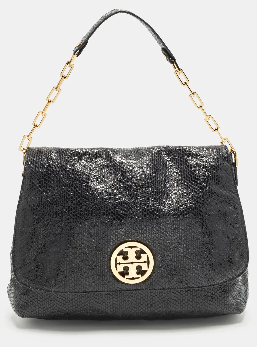 Tory Burch Black Snake Embossed Leather Flap Shoulder Bag