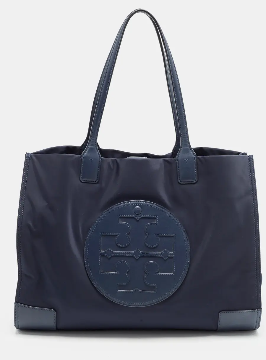 Tory Burch Ella Large Navy Blue Leather and Nylon Shopper Tote