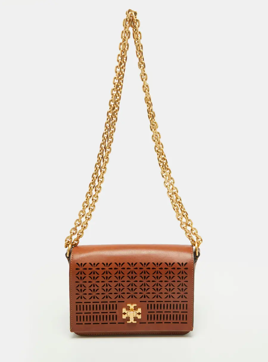 Tory Burch Kira Brown Laser Cut Out Leather Shoulder Bag