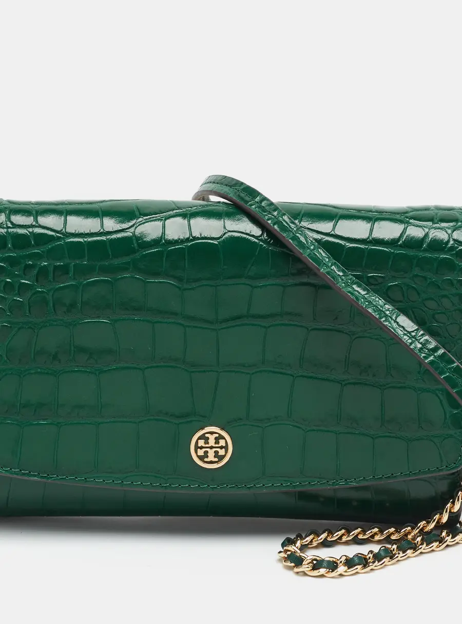 Tory Burch Robinson Green Croc Embossed Leather Wallet On Chain