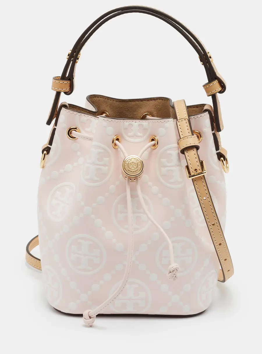 Tory Burch Mini Pink/White T Monogram Contrast Embossed Leather Bucket Bag