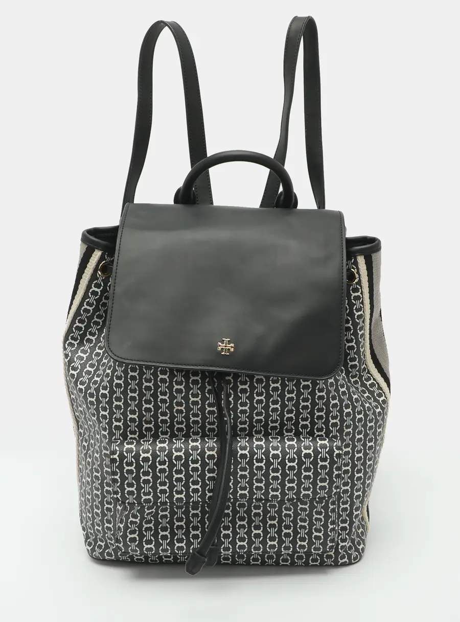 Tory Burch Grey/Black Gemini Link Coated Canvas and Faux Leather Drawstring