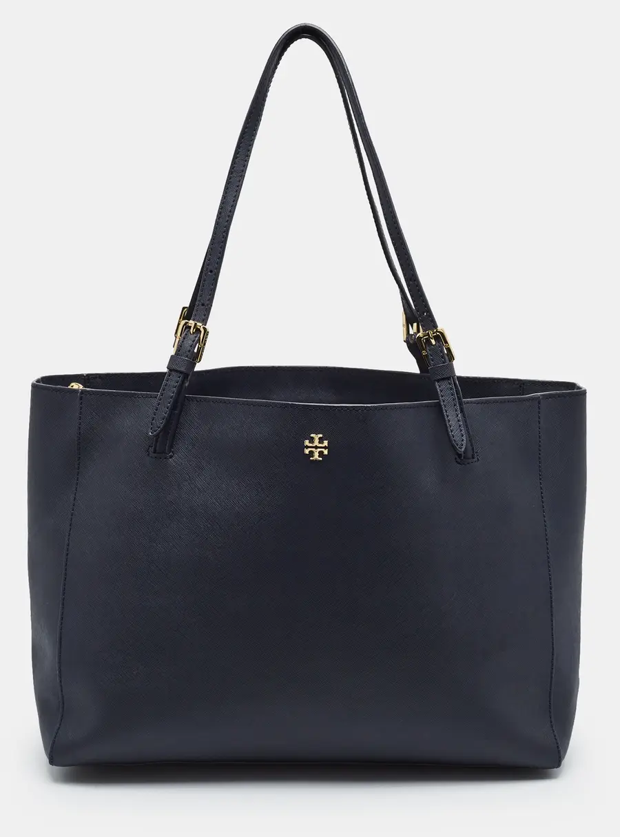 Tory Burch Emerson Buckle Navy Blue Saffiano Leather Tote